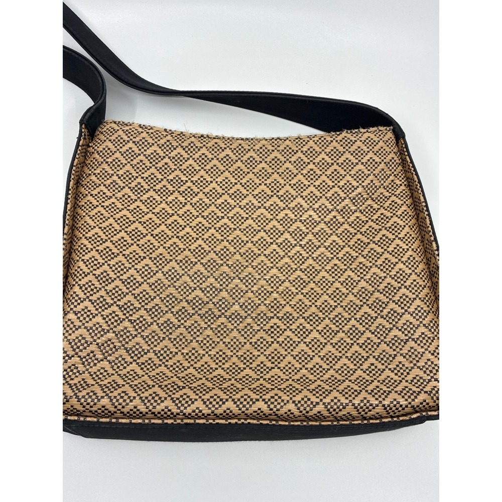 Marlo Woven Diamond Pattern Crossbody Bag Black Tan Geometric Multi-Pocket